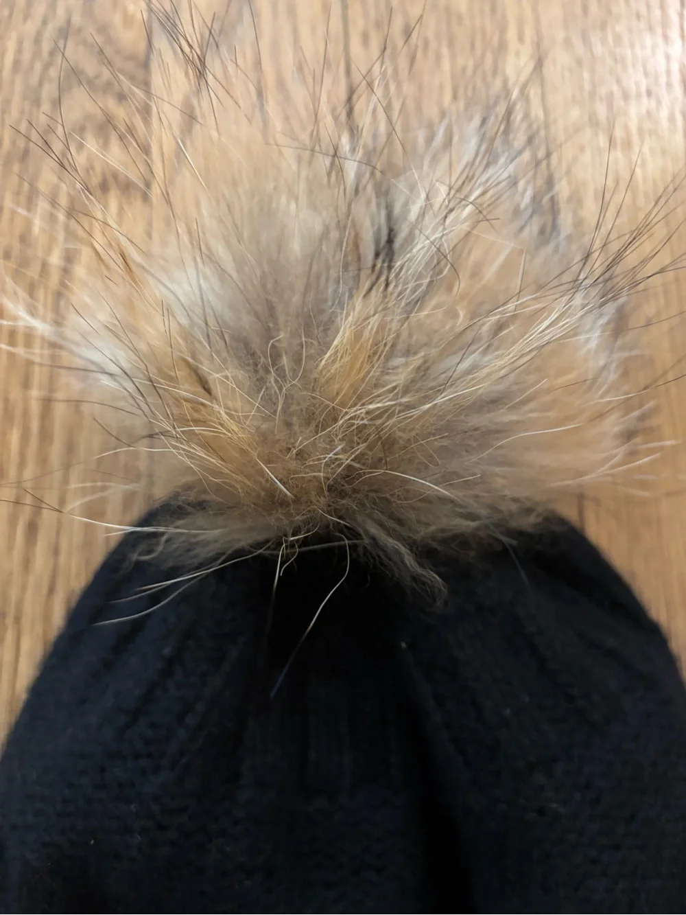 Autumn Cashmere Black Knit Beanie with Tan Fur Pom